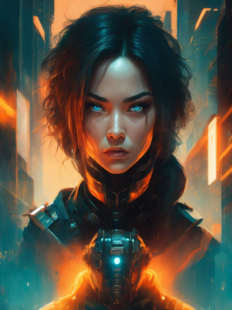 A cyberpunk woman with cybernetic implants, surrounded by neon - lit cityscape reflections, illustration in the style of James Jean