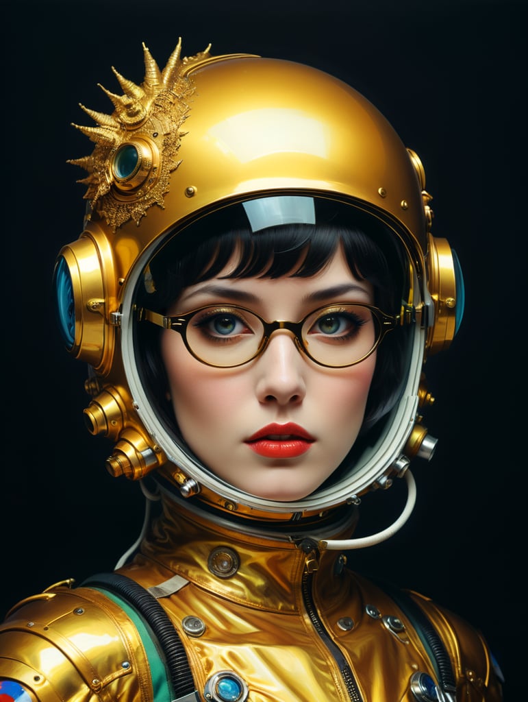 In 1998, abstract fashion photography captured a 1960s astronaut woman in a gold spacesuit with a large helmet and glasses. The art, created by Victor Moscoso and Bridget Riley, used Kodak Ektar 100 film. Carne Griffiths added a touch of magic with fluid art, while artists like Conrad Roset, Ilya Kuvshinov, Mark Fielding, and Zwy Studio emphasized high lights in the eyes. Sergio Lopez and Natalie Shau also contributed to the artwork.