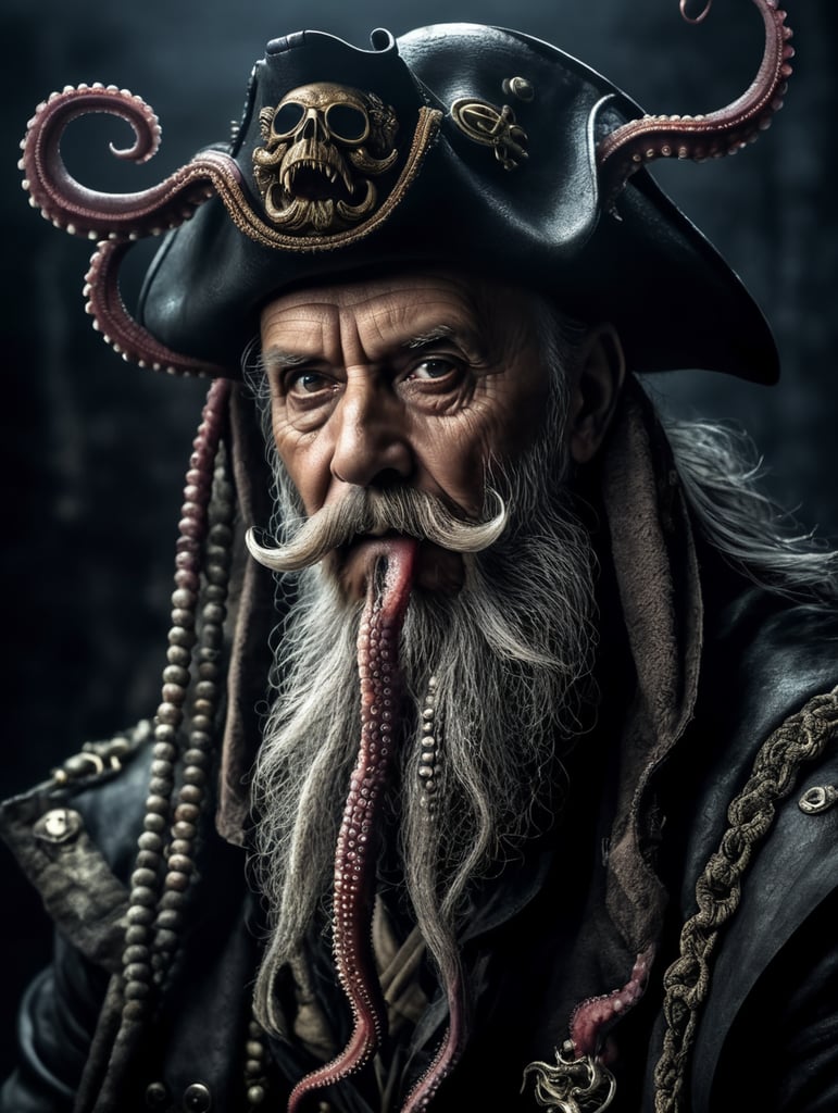 old pirate with octopus beard, dark scene, dark atmosphere, epic shot, sharp on details
