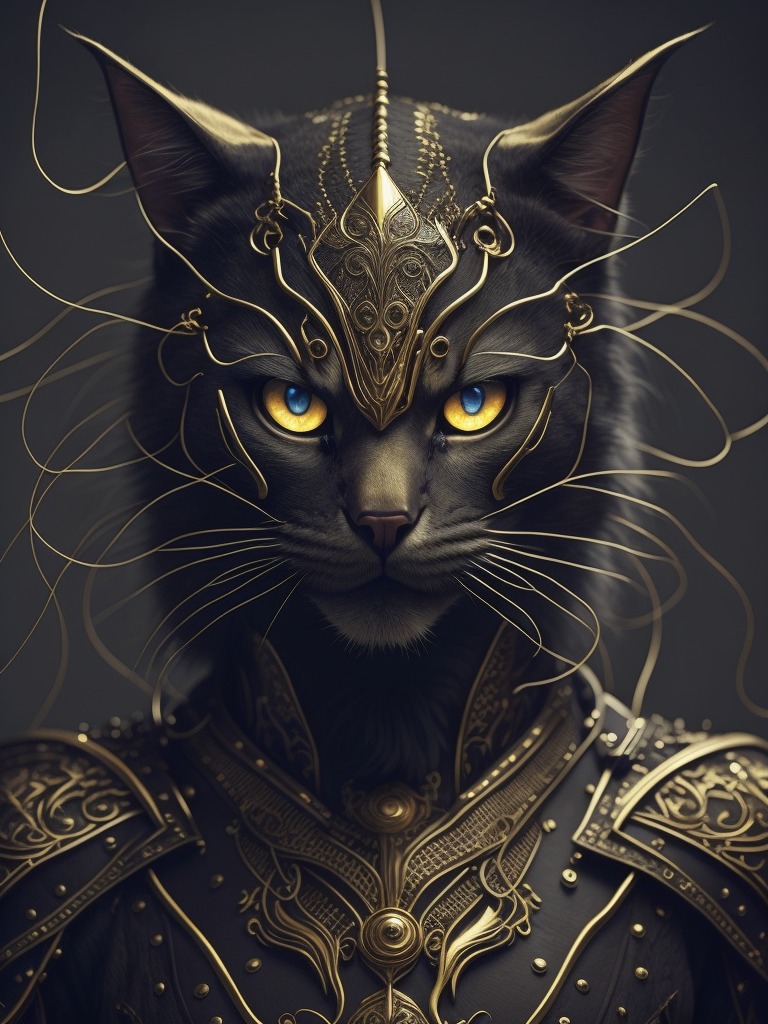 [anthropomorphism cat man], full body,in full growth, glowing eyes, looking at viewer, dark fantasy demon, gothic cyber, horror egyptian mythology, mysterious golden metal wires, fractional shiny crystals, cult ritual, (masterpiece:1.2) :: (best quality:1.2) :: (intricate) :: (wallpaper), global illumination, ray tracing,