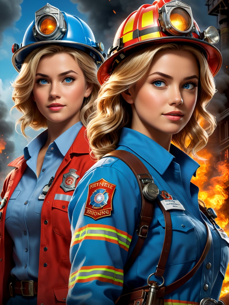 A Disney Pixar-inspired movie poster with the title *MARINA* featuring *woman firefighter wearng short blonde hair, blue eyes and woman doctor wearing long brown hair, brown eyes, our loves,* The scene should be set in the distinct digital art style of Pixar, with a focus on character expressions, vibrant colors, and detailed textures that are characteristic of Pixar animation, standing centered in 3D style, rendered using beautiful Disney animation, Pixar style, Disney style, 3D style