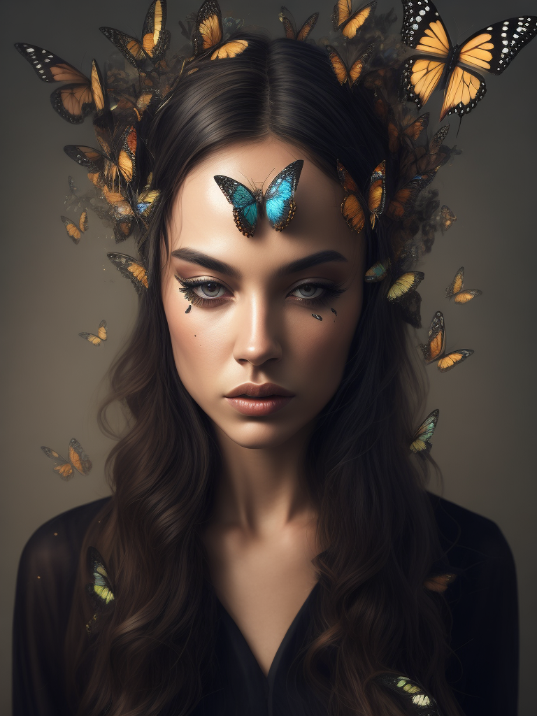 Portrait of a woman with many butterflies in her hair, Tears are flowing from the woman's eyes, butterflies are trying to please the woman