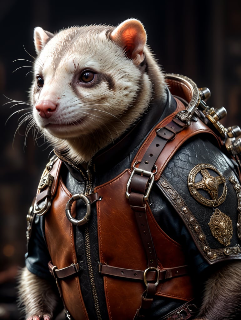 Ferret with leather harness on back