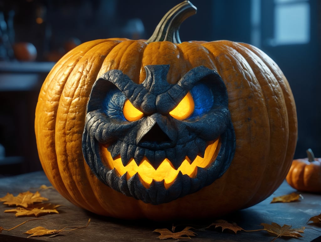 Halloween pumpkin with yellow warm light from inside and blue rim light