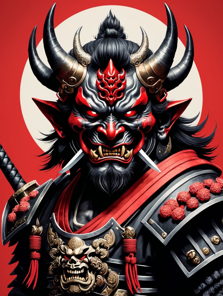 Illustration of a demon with two swords and a skull, demon samurai mask, oni mask, villain wearing a red oni mask, samurai mask, samurai with demon mask, demon samurai, demon samurai warrior, oni horns, inspired by ryūkōsai jokei, japanese art style, inspired by kawanabe kyōsai, mysterious