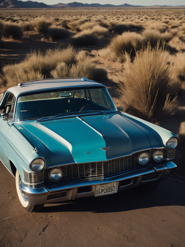 Blue cadillac eldorado 1959 in the desert, dunes on the background, Sunny day, Bright and rich colors, Detailed image