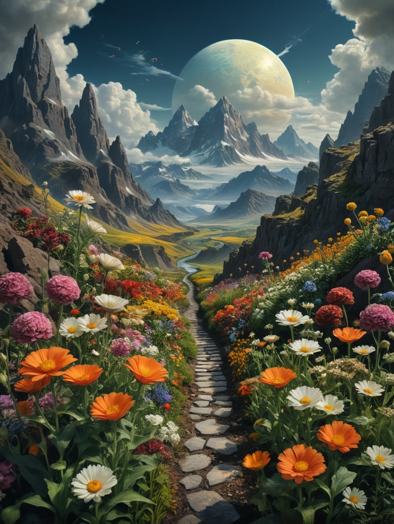 landscape with flowers, , surreal collage, collage artwork, collage art, art deco nature, official artwork, a contemporary artistic collage