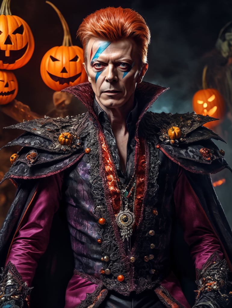 David Bowie as an evil character wearing spooky Halloween costume, Vivid saturated colors, Contrast color