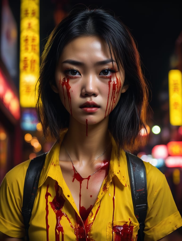 A girl of Asian appearance is dressed in a yellow shirt stained with blood, her face is bloody, against the backdrop of Chinatown and neon lights, dark atmosphere, deep contrasting shadows, Takashi Miike style