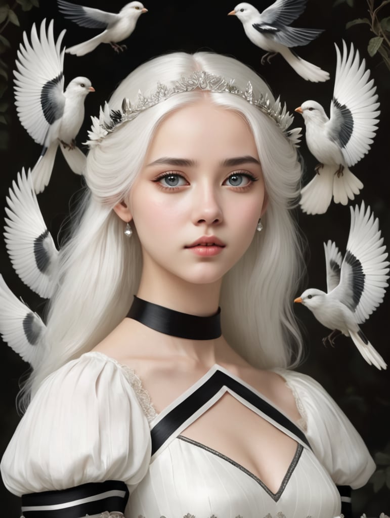 Beyaz saçlı beyaz elbiseli gözleri olmayan ama gözlerinde siyah bir şerit olan kuşlar prensesi bir genç kadın