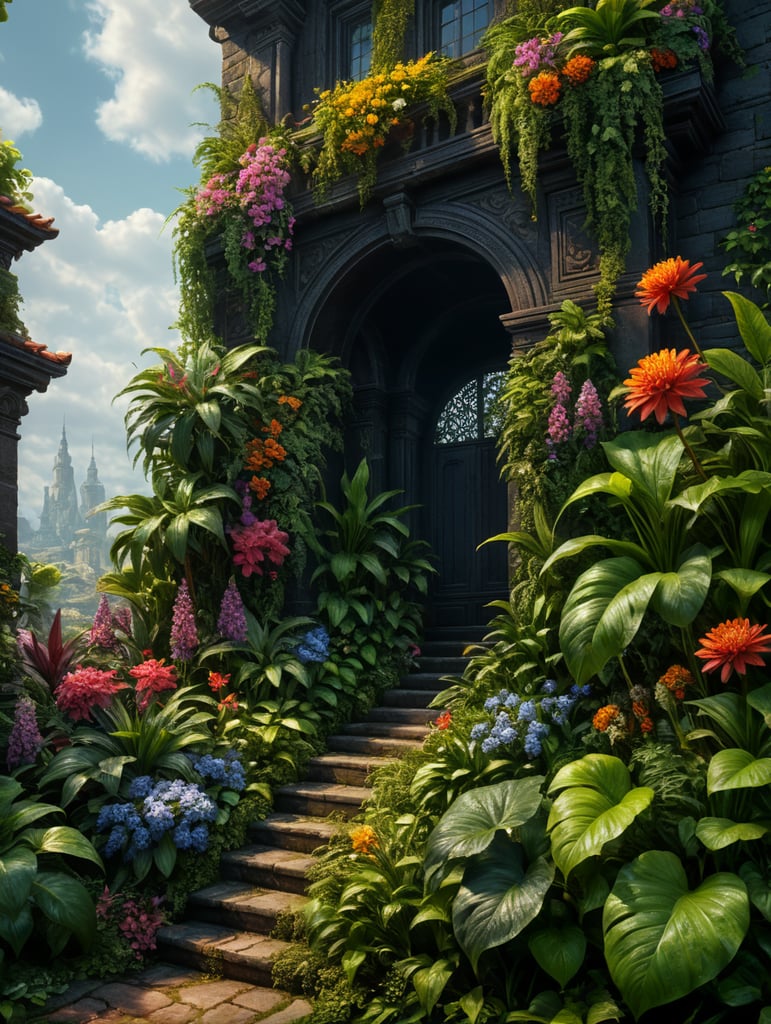 lush plants and flowers, high quality, vivid color, very detailed