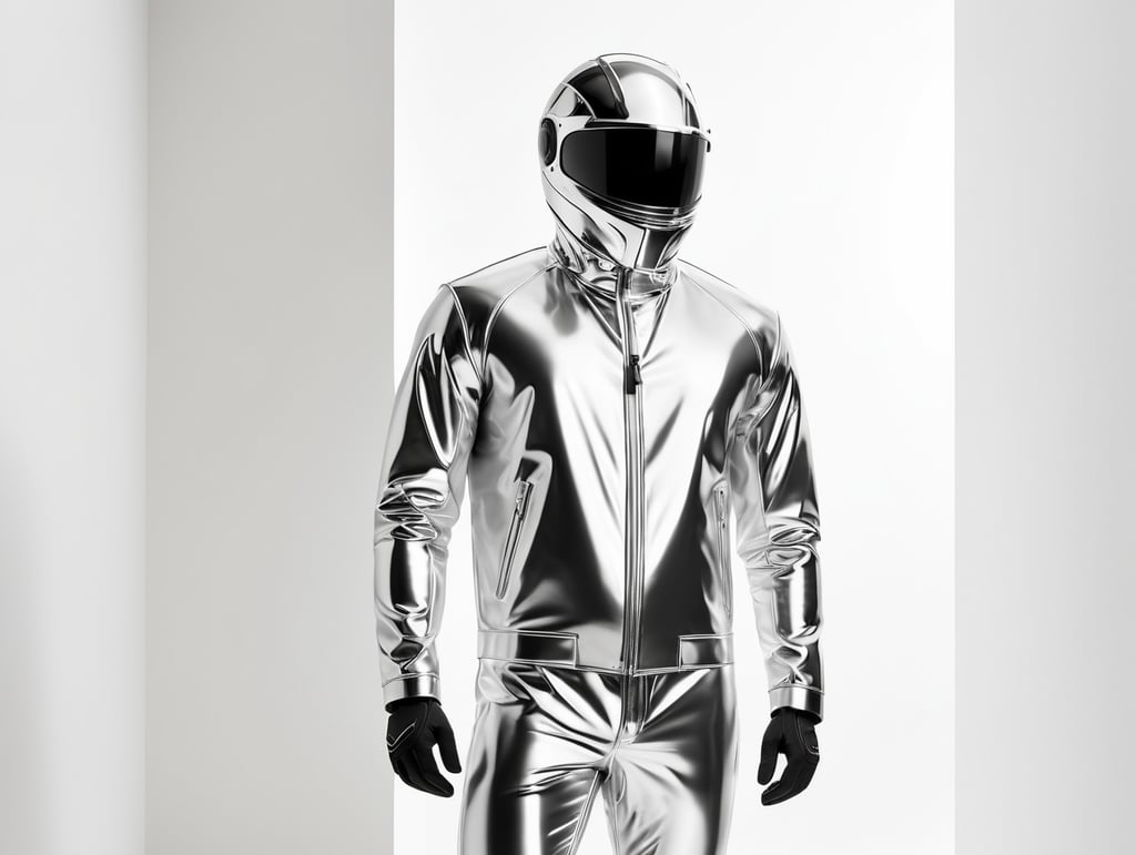 A realistic photo of a chrome shiny jacket on a invisible mannequin, coverall with reflective material, isolated, white background