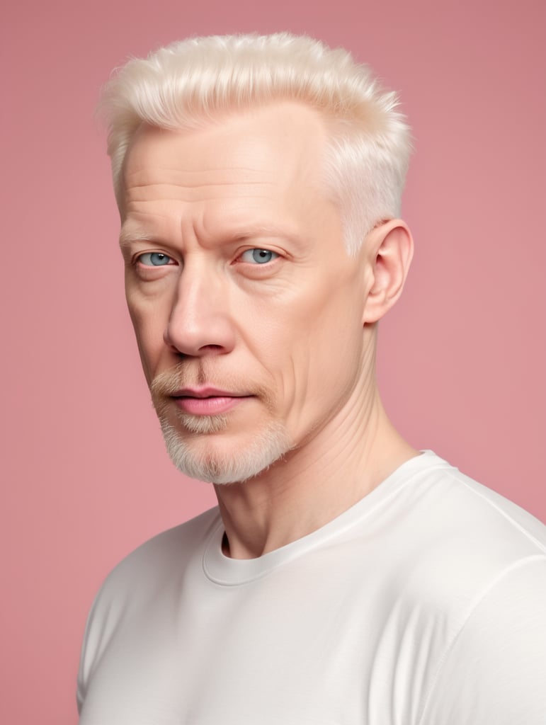 A middle-aged albino man wearing a white T-shirt, Contrasting studio light, isolated, pink background, mockup, mock up