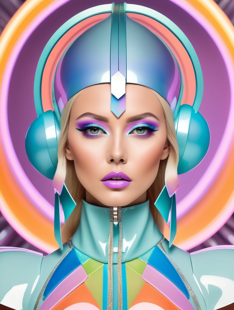A beautiful blonde female pop artist all pastel sleek futuristic outfit, with huge headpiece center piece, clean makeup, with depth of field, fantastical edgy and regal themed outfit, captured in vivid colors, embodying the essence of fantasy, minimalist