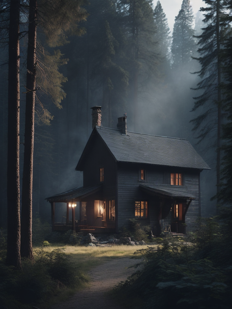 Cabin in the woods with forest ire in the background and smoke