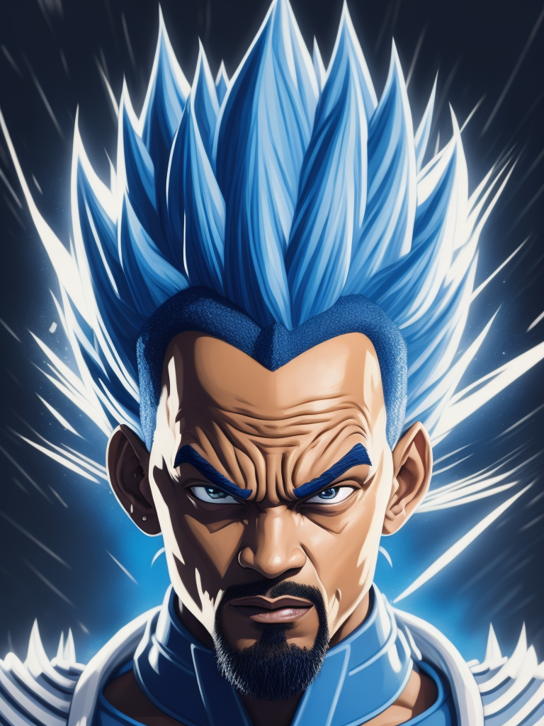 Will Smith as Dragon Ball character Vegeta, aggressive face, blue and white suit, spiky hairstyle, bright saturated colors, bright gradient background,