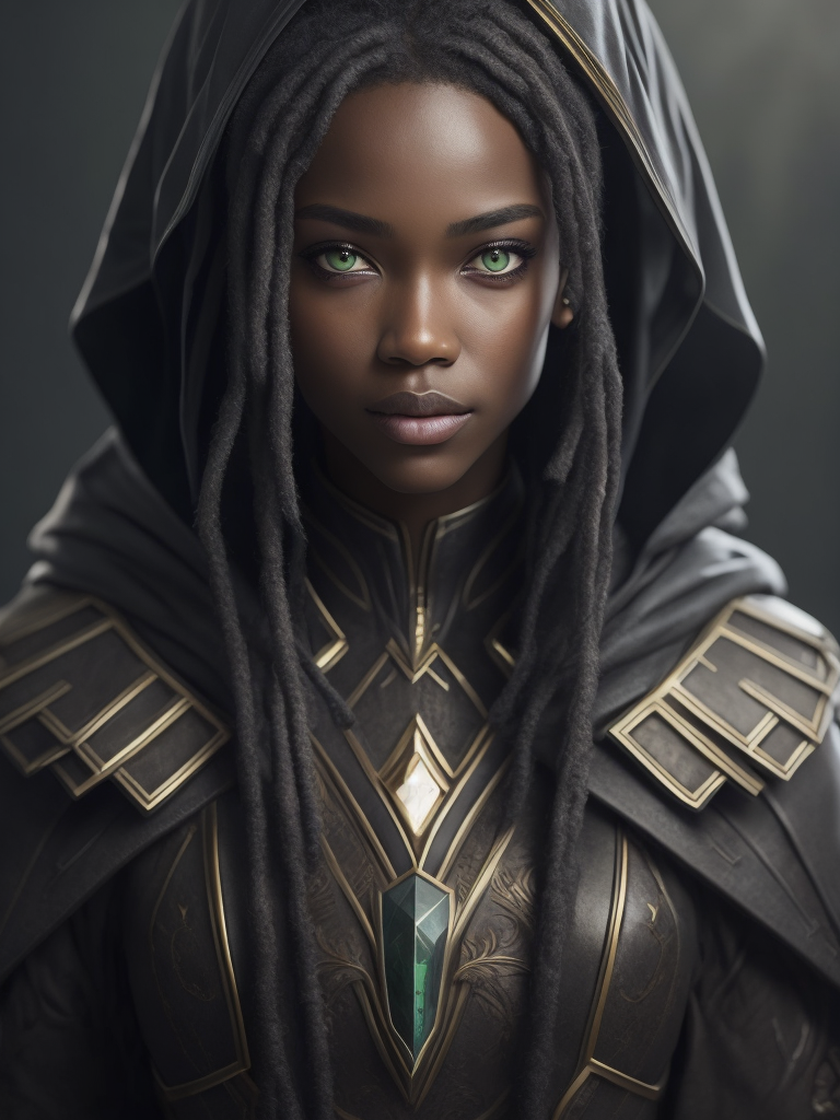 best quality, intricate details, 1girl, senna \(league of legends\), 1girl, dark-skinned female, dreadlocks, hooded cape, green eyes, solo, detailed face, ultra detailed eyes, looking at viewer, cowboy shot, upper body, lich, necromancer, undead, brightness, light rays,