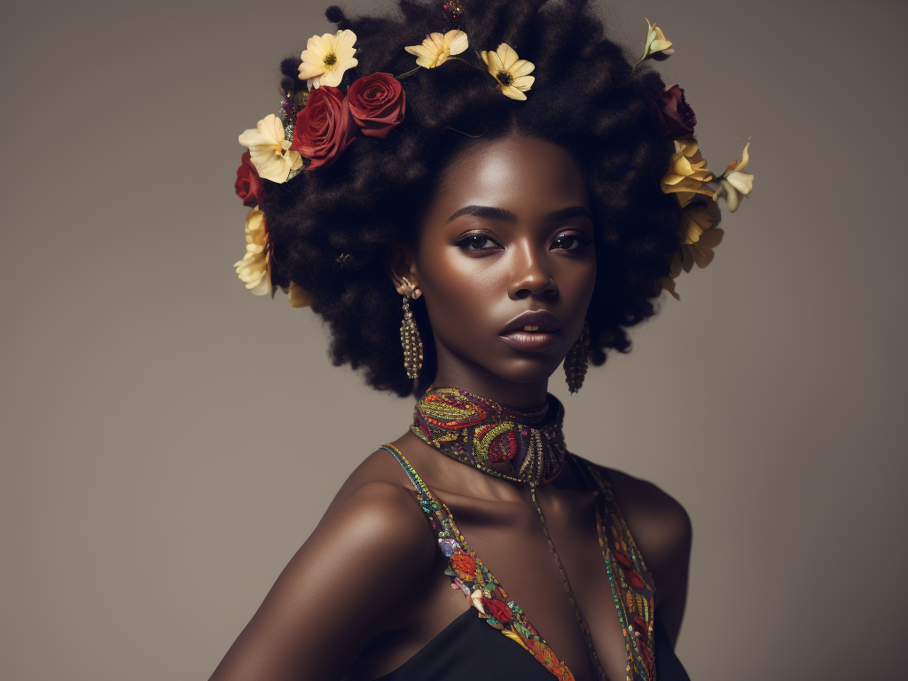 Pretty african girl with flowers in hair, fashion magazine, sharp focus,highly detailed,bright and saturated colors,elegant