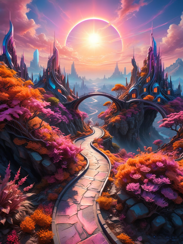 Single bending winding path through colorful pastel futuristic dreamlike cityscape. Orange, pink and violet vegetation. Pink and blue bright sun sky.