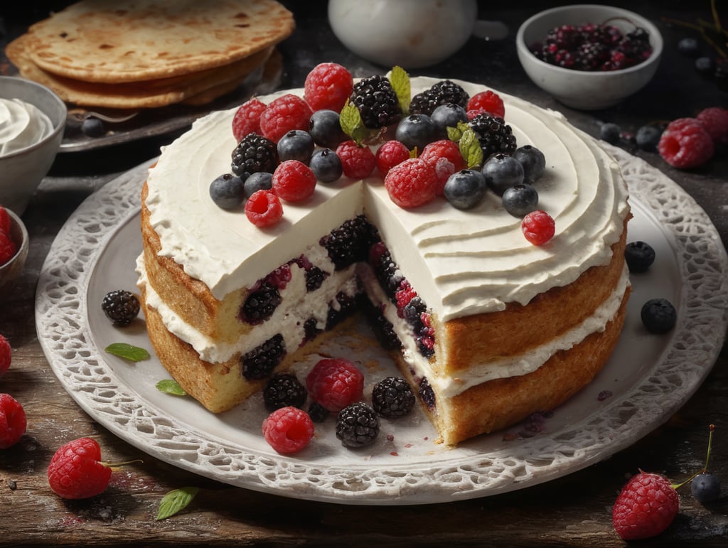 cake, flatbread with white cream and some wild berries