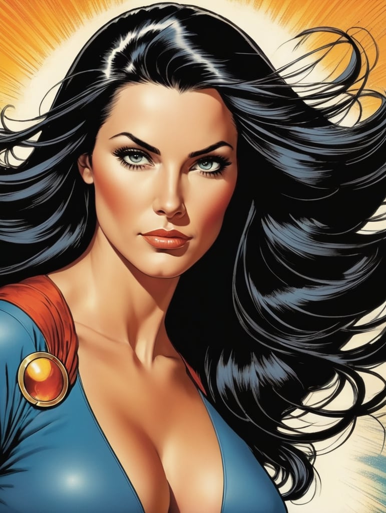 This artwork cover for a comic book of a beautiful mom with long hair by George Wilson is an eye-catching poster-style drawing and illustration representing the iconic pulp style.