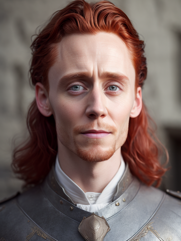 Portrait of Tom hiddleston with red hair in medieval style, detailed face, contrasting light