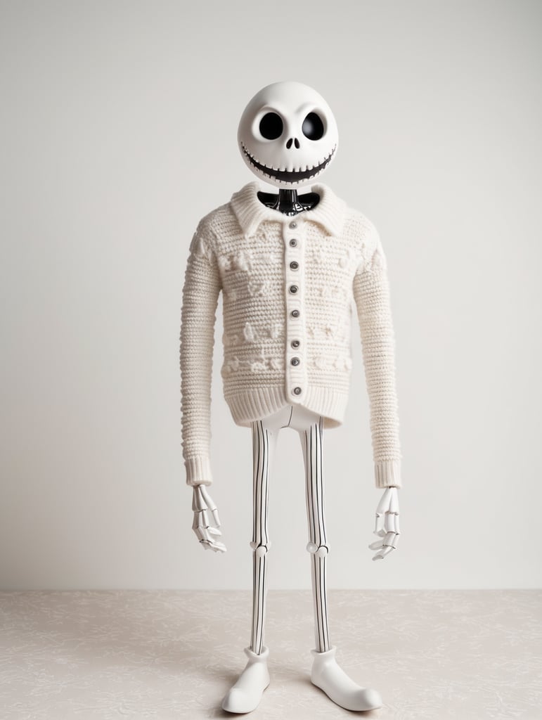 Jack Skellington standing wearing an ugly Christmas sweater
