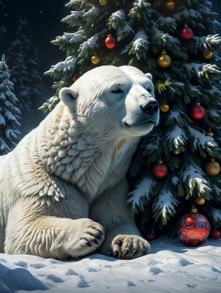 Polar bear, sleeping next to a Christmas tree in the snow