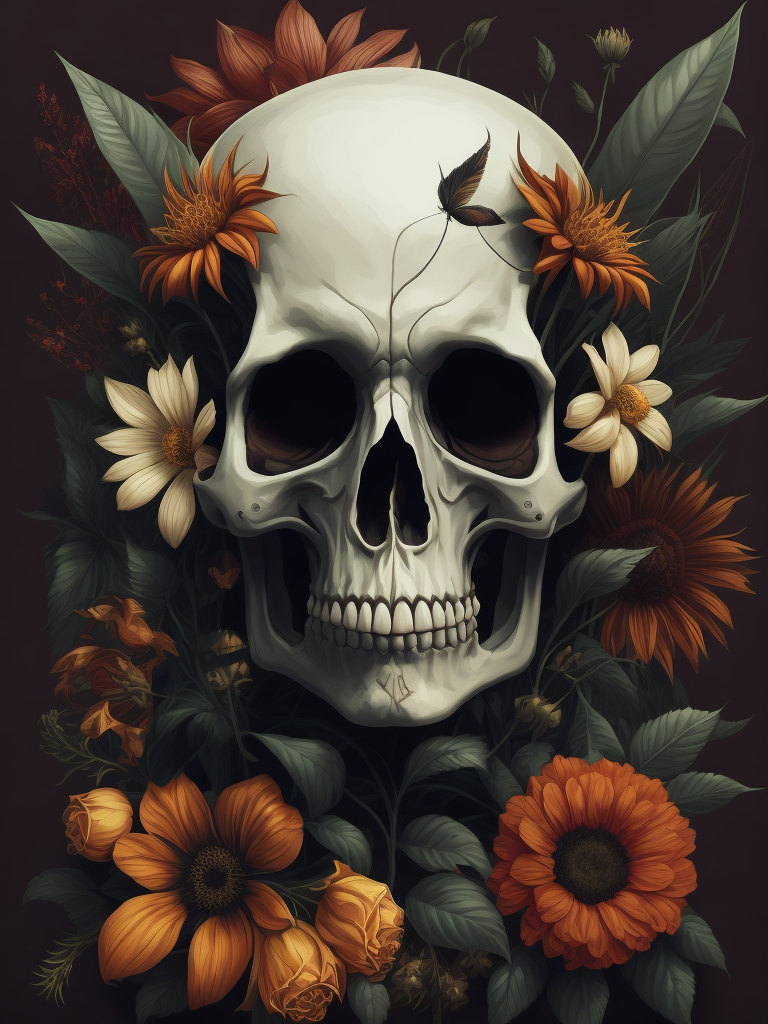 vector art of skull and vintage botanical flowers in the background, inspired by Japanese tattoo and hydro74