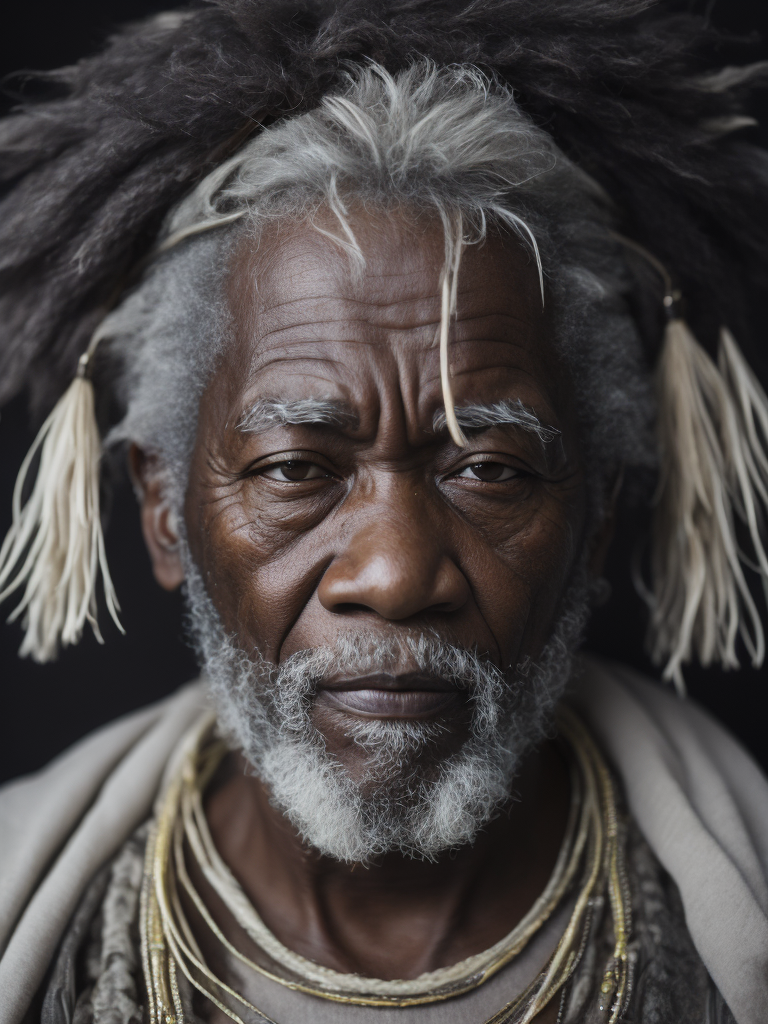 Portrait of a black elderly male shaman, gray beard, muted tones, black background