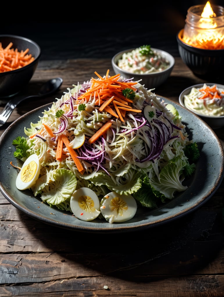 Coleslaw, small plate on a wooden table, Description: A classic side dish made from shredded cabbage and carrots, mixed with a creamy mayonnaise-based dressing or a tangy vinegar-based dressing, often served with barbecue and fried foods.