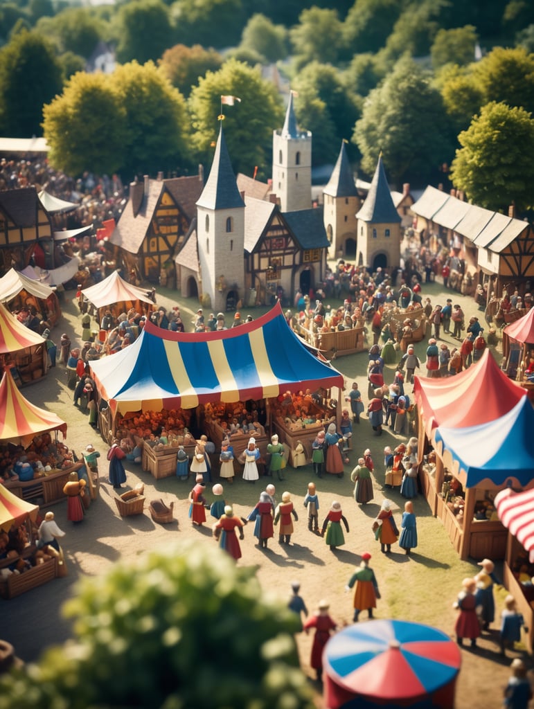 A medieval-inspired creative concept is depicted in a tilt-shift photograph capturing the joyful ambiance of a village fete and fair