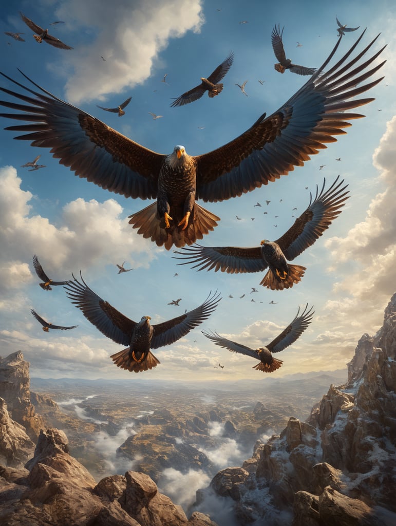 High above a magnificent display unfolds as a 5 birds soar through the expansive blue sky With their wings spread wide