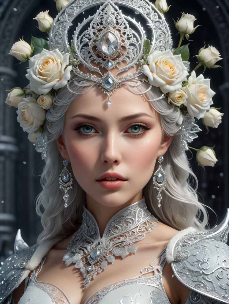 Absolute harmony, Piercing gaze at point-blank range, The Snow Queen, ((((rime)))), (((ornate pattern))), White roses covered with rime, magical, inspired by a fantastical world, crystallized product photography, soft light, volumetric lighting, ultra-detailed photography, grey background, Perfect anatomy. "hibli studio + super high resolution + UHD + HDR + highly detailed + FStop 2. 8 + 150mm lens + high fidelity + studio shot + award winning + ray tracing", epic royal background, big royal uncropped crown, royal jewelry, robotic, nature, full shot, symmetrical, Greg Rutkowski, Charlie Bowater, Beeple, Unreal 5, hyperrealistic, dynamic lighting, fantasy art