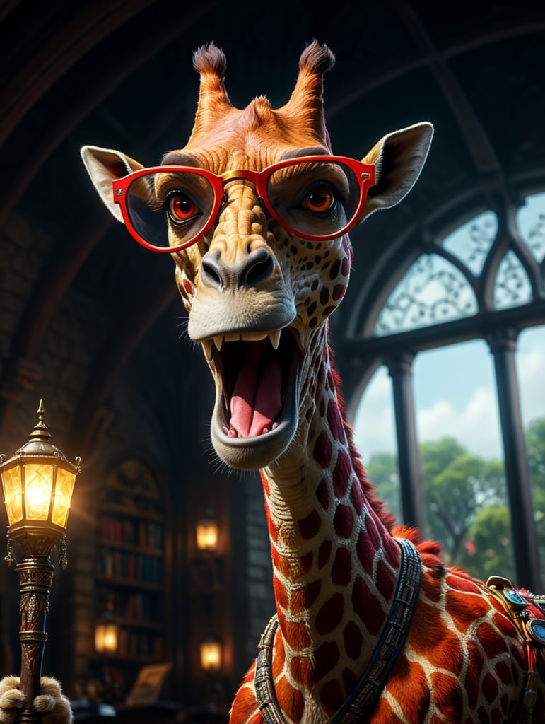 Girrafe with glasse with red arms, disney pixar style