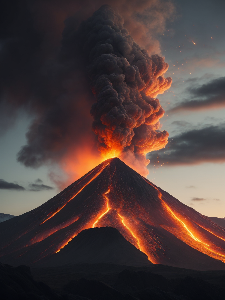 The image of a volcano erupting into the sky, a large mountain, black smoke, flowing lava, high quality details