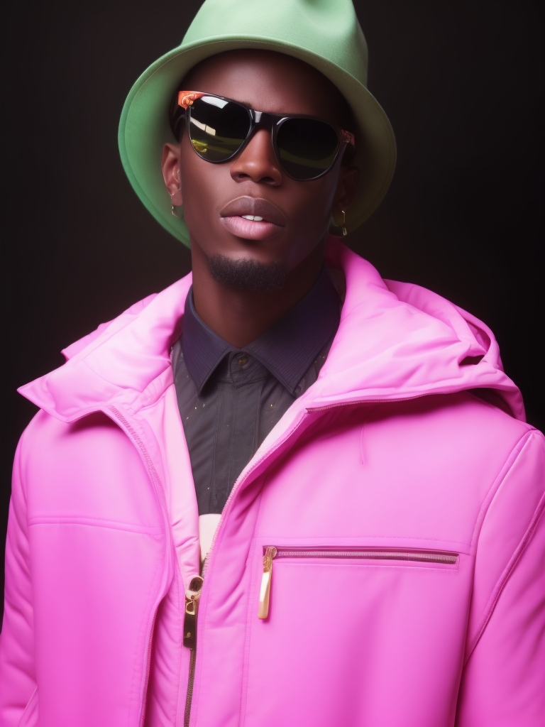 Black male fashion model, Wearing a pink jacket and a green panama hat, large black sunglasses, Black background, Bright and rich colors, bright saturated color, sharp focus,