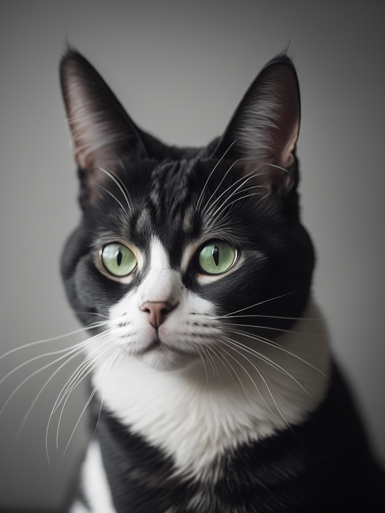 black and white cat, white bib, green eyes, short hair