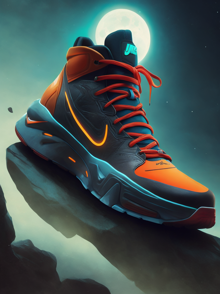 Illustration of a nike sports shoe in neon lights on a rock at night with moon light, bright and saturated colors, highly detailed, sharp focus, fashion magazine style