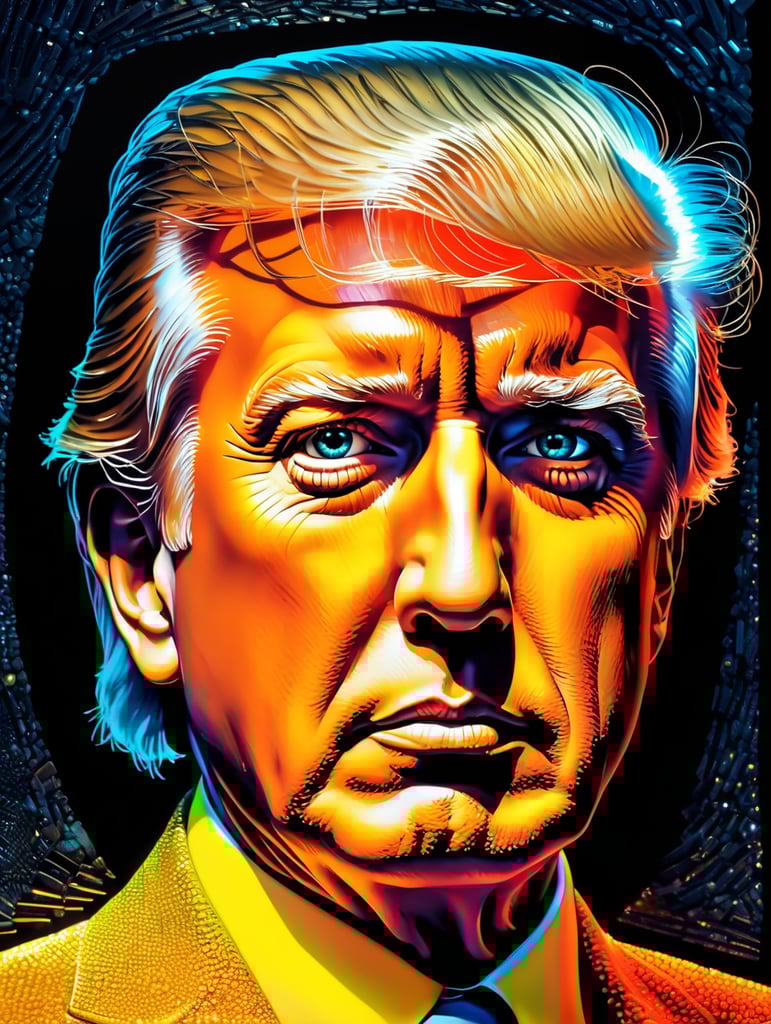 Fine Art Fluorescent Pointillism Sci-fi Surrealism Photography, Futuristic Donald Trump, Portrait made of hyper-detailed transparent frosted plastic, Moebius Bernard Buffet, van Gogh, Vermeer, Erin Hanson, Pierre Soulages, National Geographic, textured depth, vibrant fluorescent hyperrealism photo