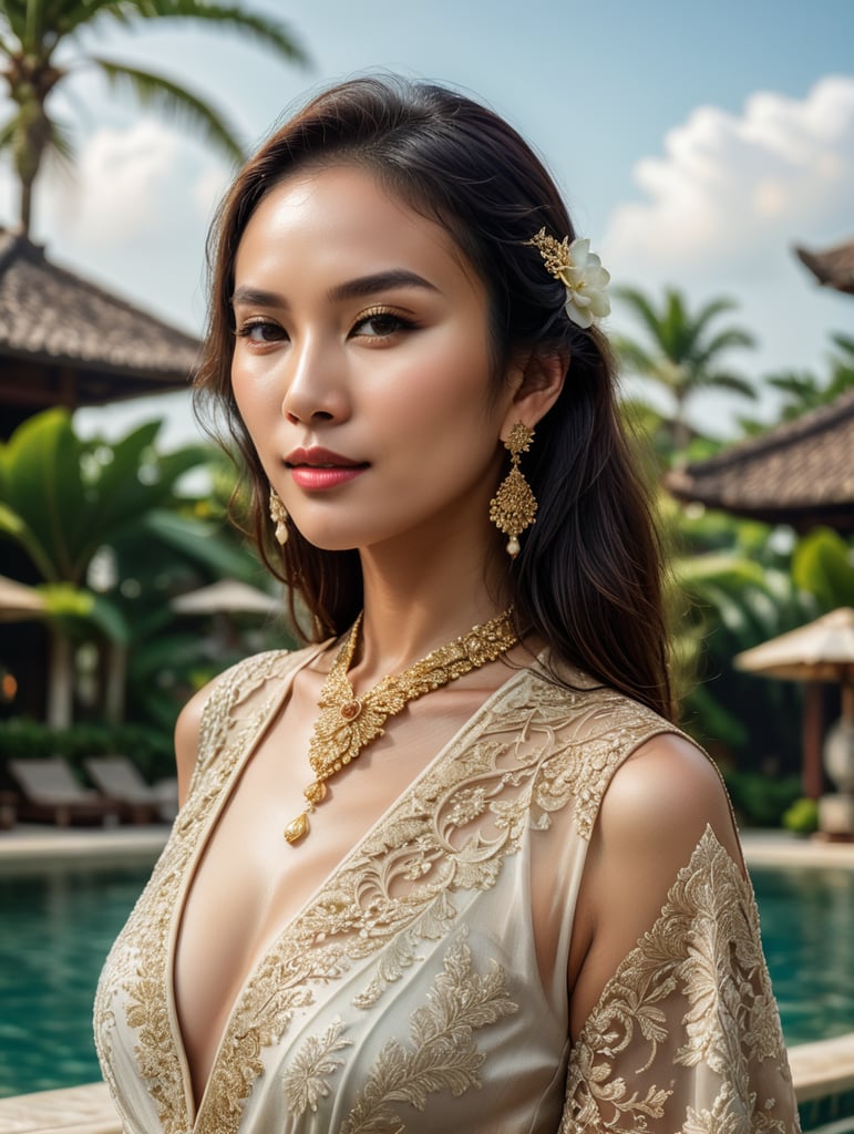 Indonesian-Chinese woman who typically lives in west Jakarta. Make it as attractive as possible with designer clothing. Posing in a poolside near a beach like Bali