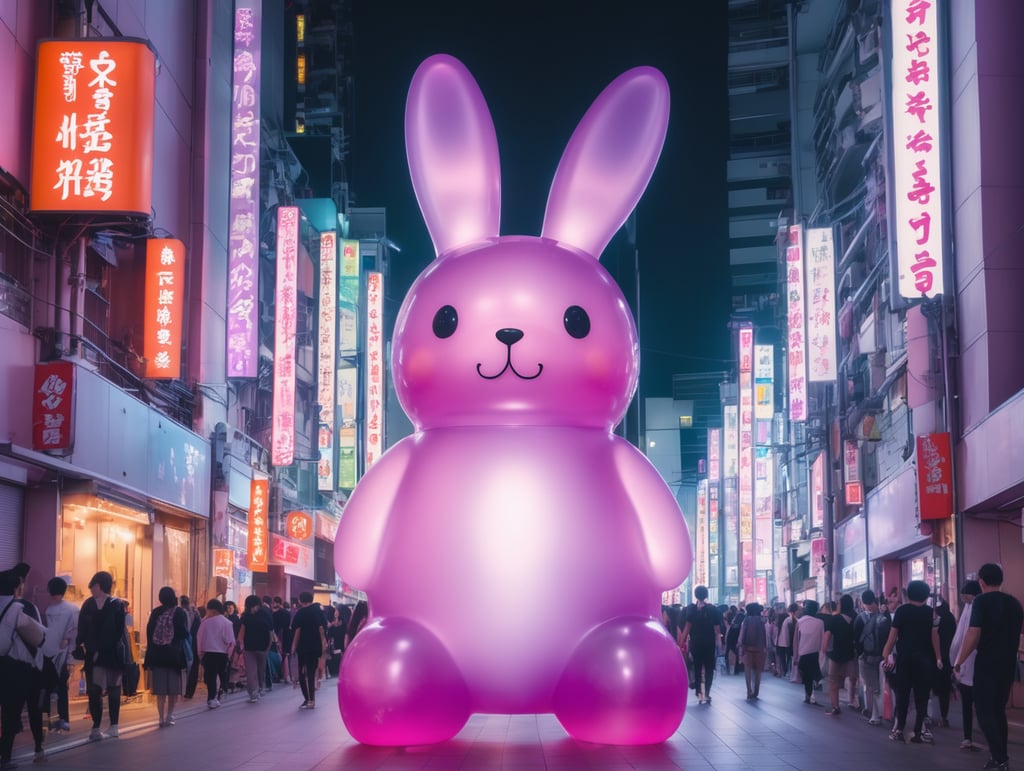A giant Japanese gummy BUNNY, light purple and translucent, 4 stories tall, walking through Tokyo at night, neon lights, cyberpunk, techno city