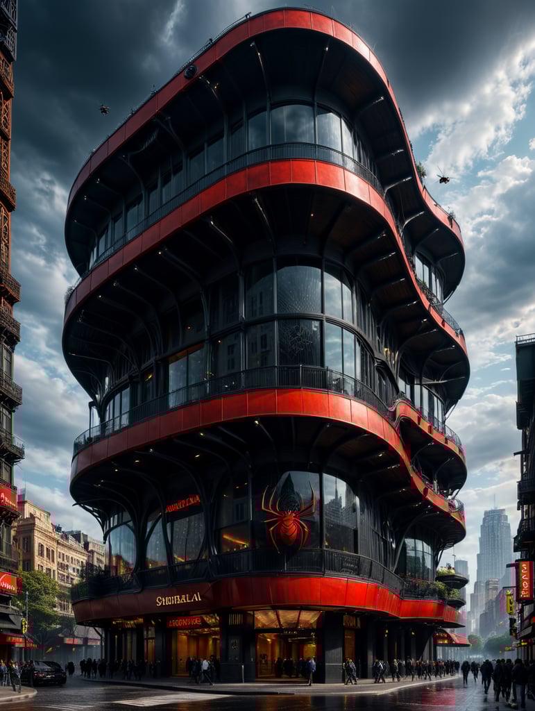 dream prompt: the craziest, bentwood, far view lens architectural modern style hyper realistic hyper detailed neocosmic exterior architecture design of a spider Fluid complex facade, geometric shapes spectrum, black::1 red:3, Antoine Blanchard architecture art style, in new york city, dramatic ambient, natural lighting, camera sony, 8k, --s1000 --style raw, you can imagine