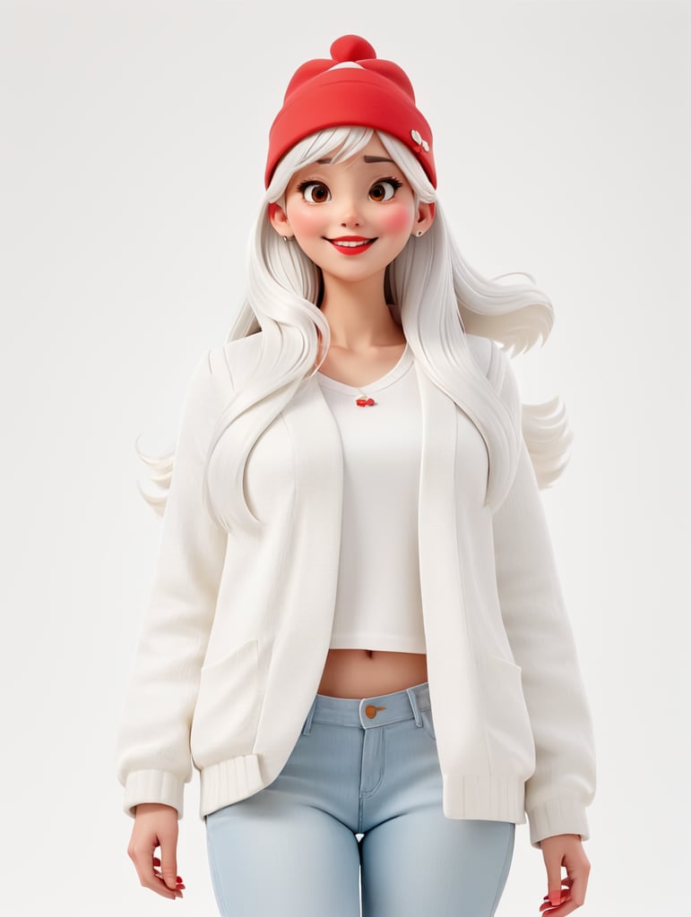 a young women with white hair and red hat on his head is wearing a white lacket, isolated, white background