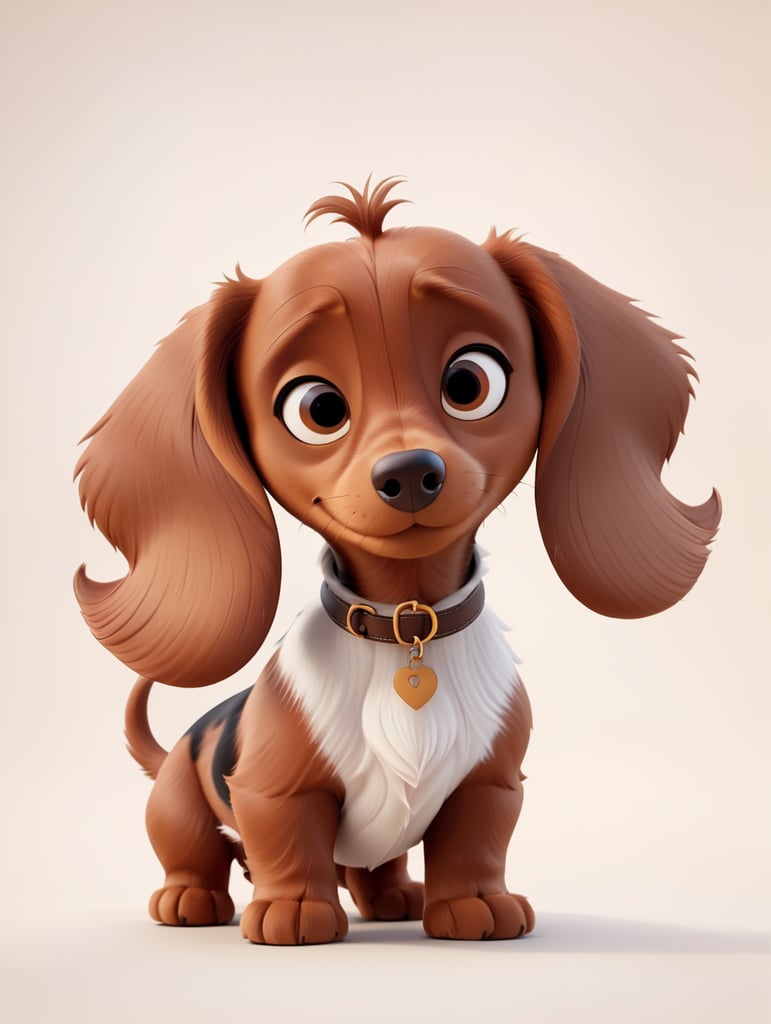 A dark brown dachshund with big brown eyes, floppy ears, and white chest, in the style of a Pixar movie character