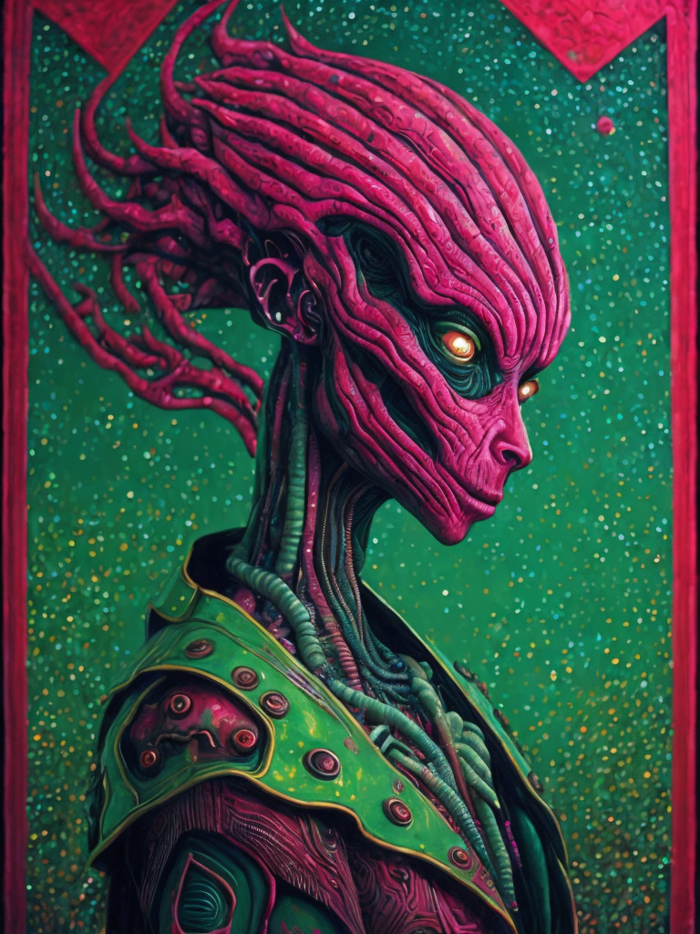 Portrait of an alien, batik, intricate details, surreal, Alien, Cyberpunk Trashcore Style, green crumson and pink, s 1000