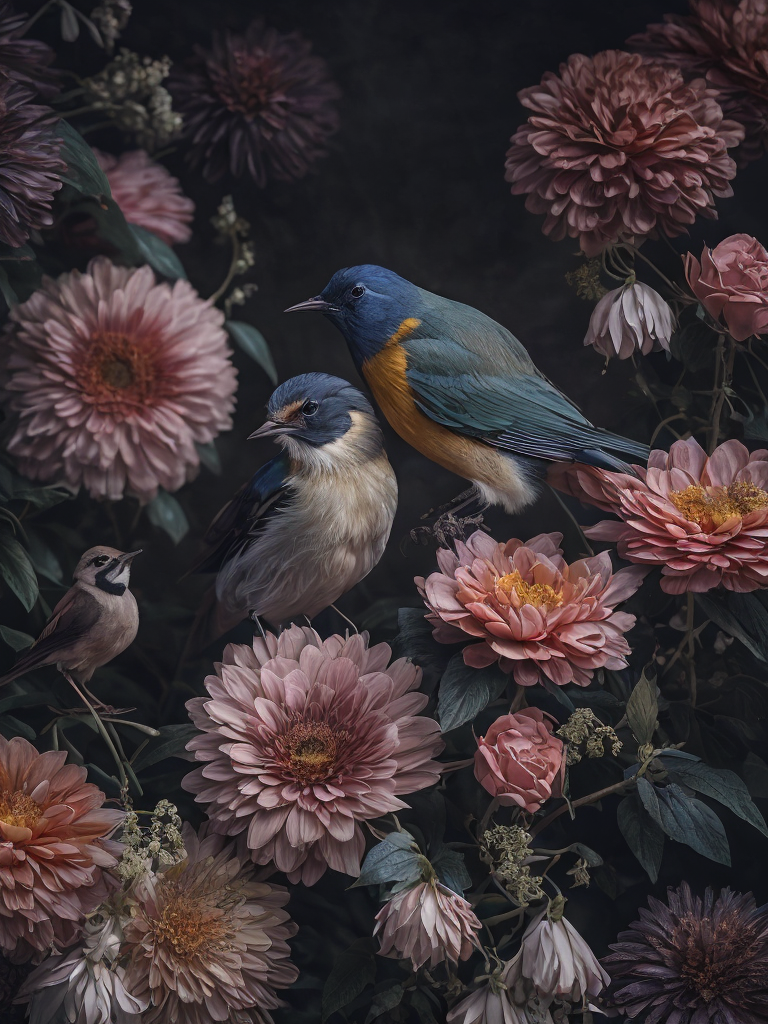 flowers and birds, deep color, sharp on details, vibrance 20, saturation 20