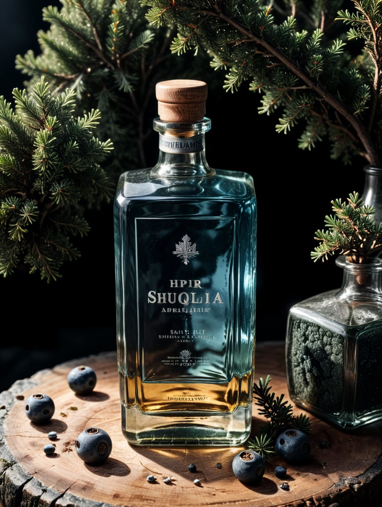 professional photography of a square gin bottle, square bottle, surrounding a juniper and juniper berries, one shot of tequila, salt, no label, clear, mockup