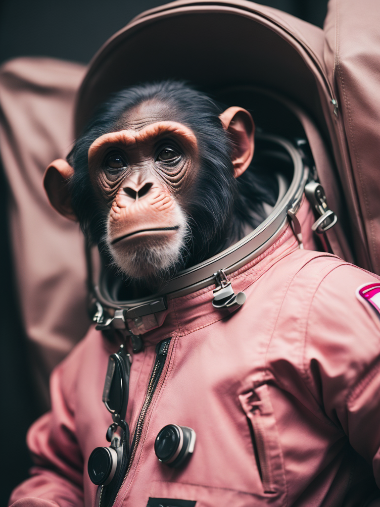 A chimpanzee going to space, wearing pink color astronaut suit, Vivid saturated colors, Contrast light, studio photo, professional photo, Detailed image, detailed face