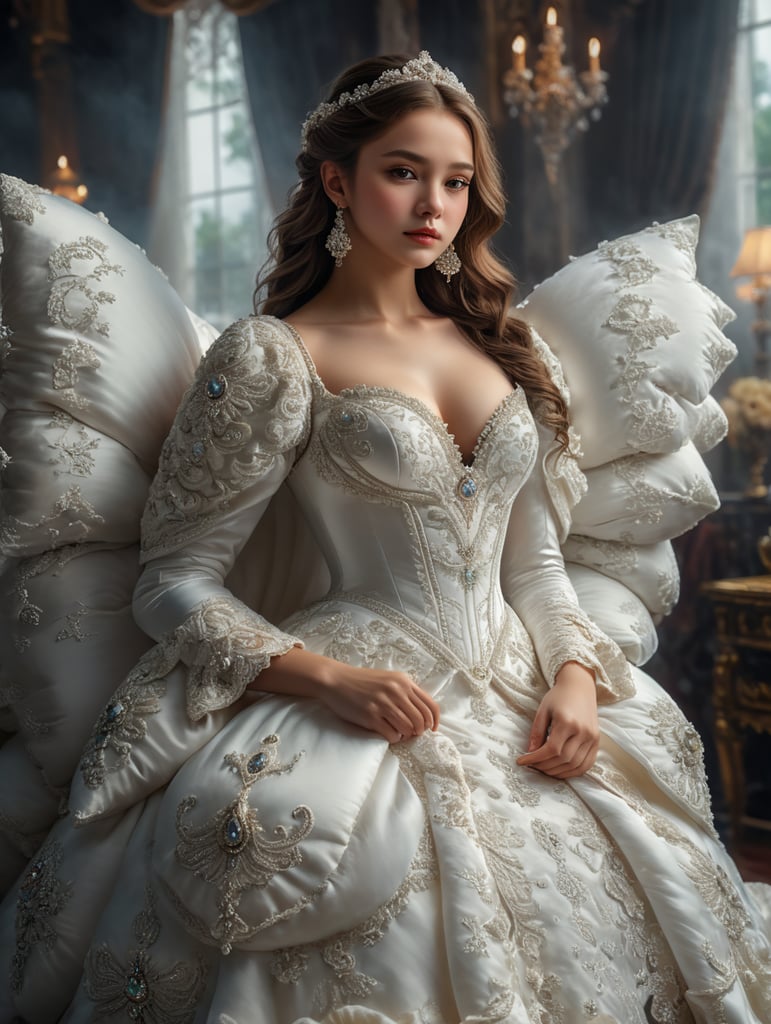 girl dressed in a huge white dress made of pillows